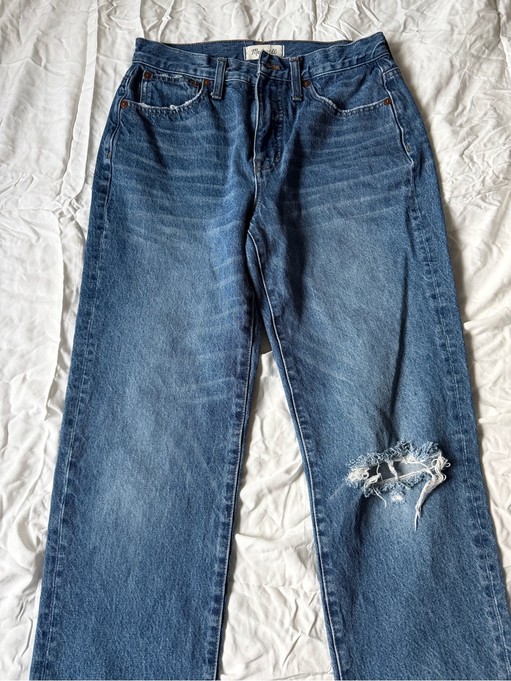 Madewell Blue Distressed Straight-Leg Jeans